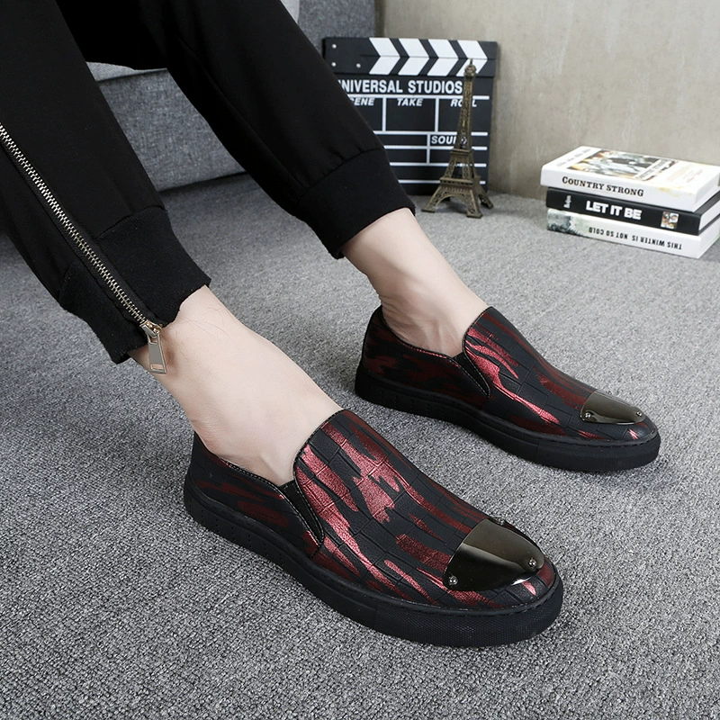 Лоферы из листового металла в Корейском стиле с круглой головкой и цветным принтом в виде ящерицы, мужская обувь без шнуровки