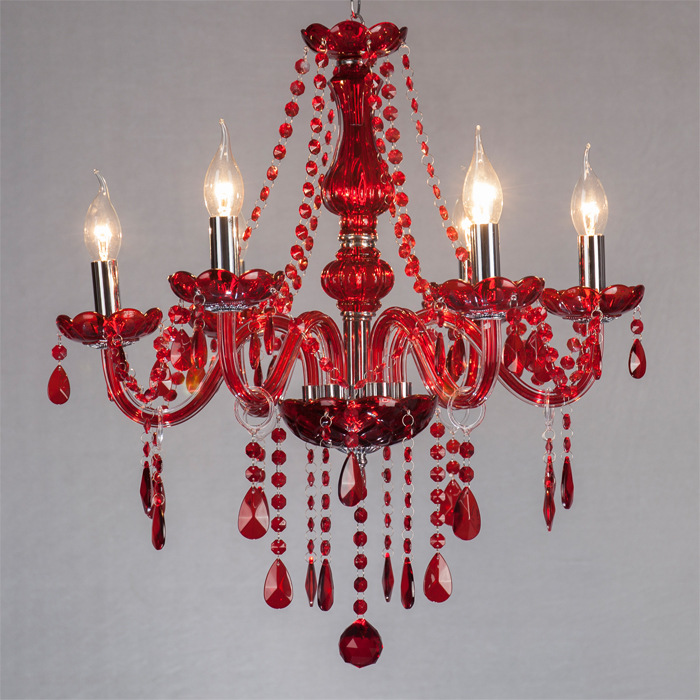 Lámpara de araña de cristal rojo de 6 cabezas lámpara de vela de araña de cristal rojo adecuada para la sala de bodas KTV decoración de la sala de exposiciones, etc.