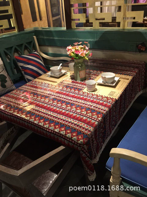 Rectangular cotton‑linen tablecloth, boho ethnic print, high‑density canvas, sizes up to 140×220 cm