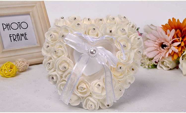 欧式戒指盒 创意婚庆用品新娘新郎PE玫瑰花镶钻戒枕心形戒托批发详情图14