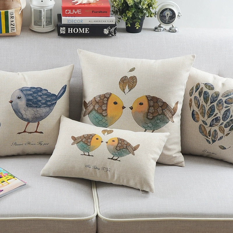 Xianrui Home Fresh Nordic Иллюстрация Птица Диван Подушка Хлопок и лен Подушкa для производства по персонализированному рисунку