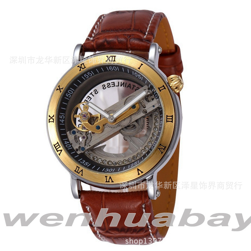 壹件代發镂空全自動機械男士手表30M潛水夜光真皮皮帶表微商貨源