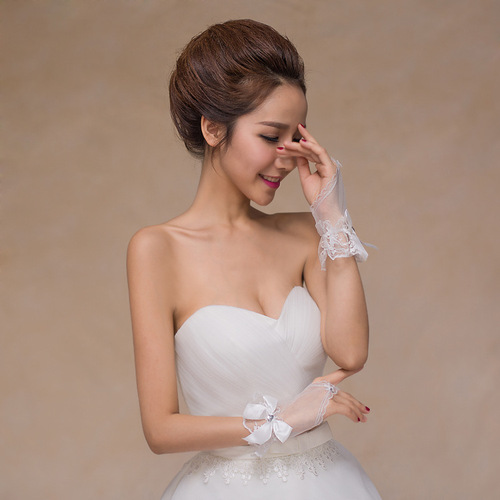 Bridal Wedding Gloves Flower Lace Bridal Wedding Ceremony Toast Wear Short Gloves White/Red 1005