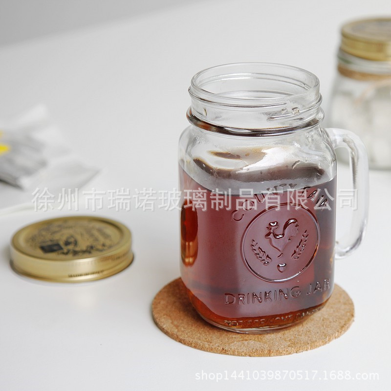 厂家直销 批发创意带盖手柄玻璃杯 咖啡杯果汁杯 复古罐头公鸡杯