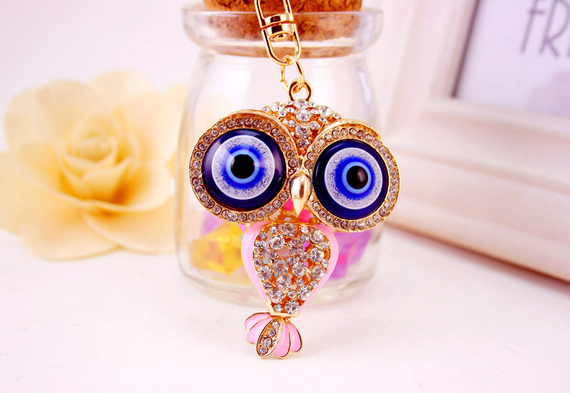 46g Weight Alloy, Metal Material Owl Pattern Unisex Gender Pink, Red, Blue, Black Color Korean  Creative Cute Cartoon Big-eyed Cute Owl Diamond Keychain 11