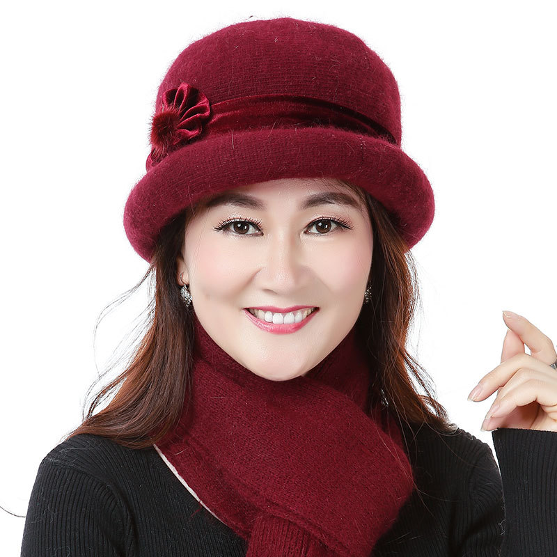 中老年帽子围巾女兔毛老人帽女妈妈保暖毛线帽冬天盆帽老年人冬帽