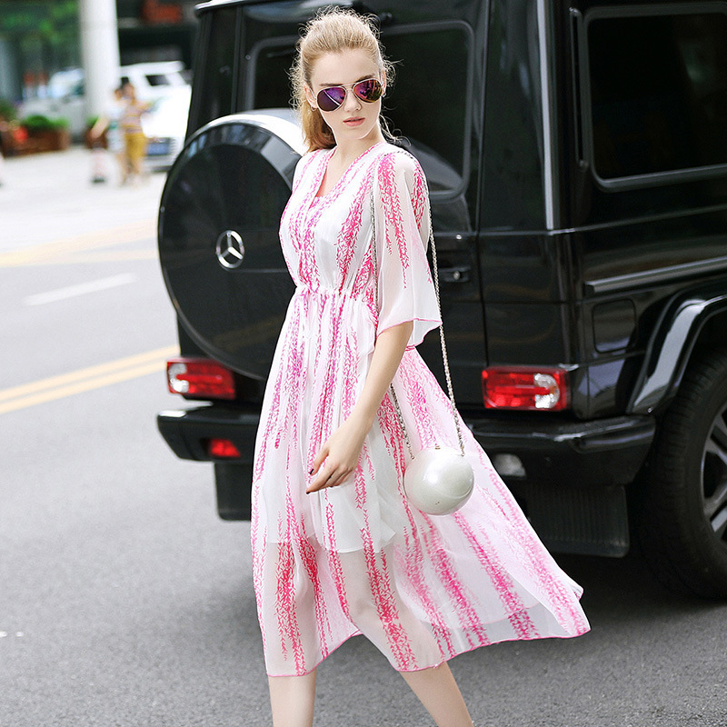 罗家精品2016夏季女装新款 气质白底粉色印花