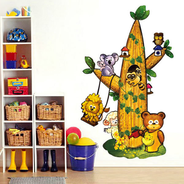 小熊动物树屋墙贴 卧室客厅儿童房装饰卡通可移除贴纸AY7125