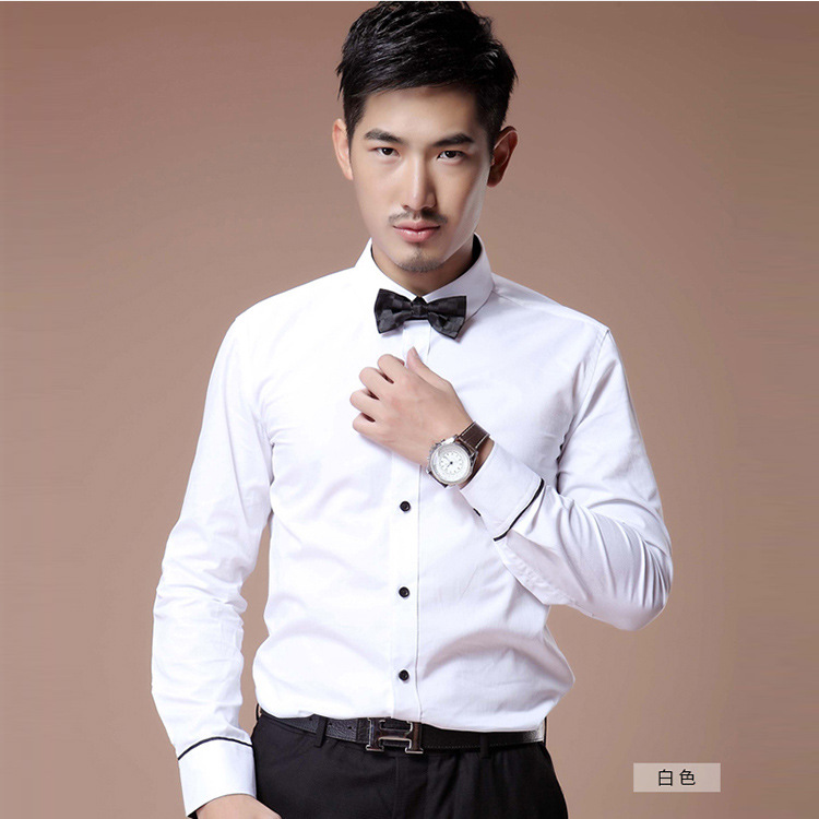 2021韩版异色拼色撞色领长袖男式衬衫修身免烫斜纹男衬衣个性时尚