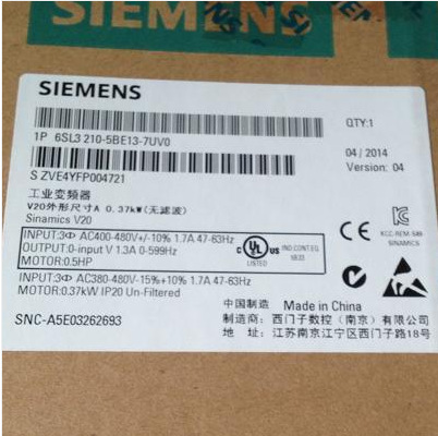 ������V20��Ƶ��0.37KW 3AC 400V���˲���6SL3 210-5BE13-7UV0