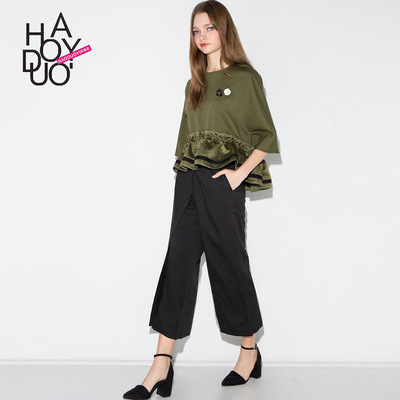 Haoduoyi2020夏裝新款 歐美時尚拼接七分高腰闊腿西裝褲 好多衣