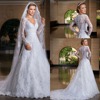 Trailing Word Shoulder Deep V Lace Bridal long sleeve Wedding Dress