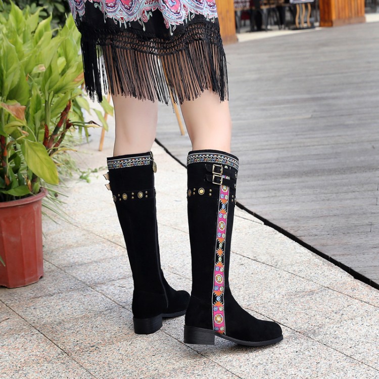 2016秋冬季新款民族風刺繡花邊皮帶扣騎士靴高筒靴子真皮女靴