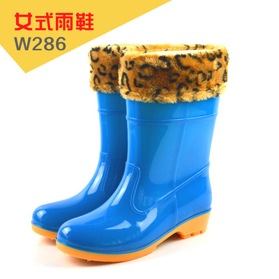 PVC女式中筒雨靴 纯色保暖防滑耐磨雨鞋 加绒中筒雨鞋|ms