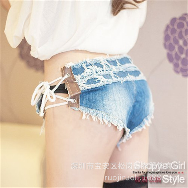 Sexy Denim Hot Pants with Side Slits, Patchwork Pu Leather Ultra-Short Shorts, Nightclub Butt-Revealing Fringe Edge Pole Dance Private Women's Pants