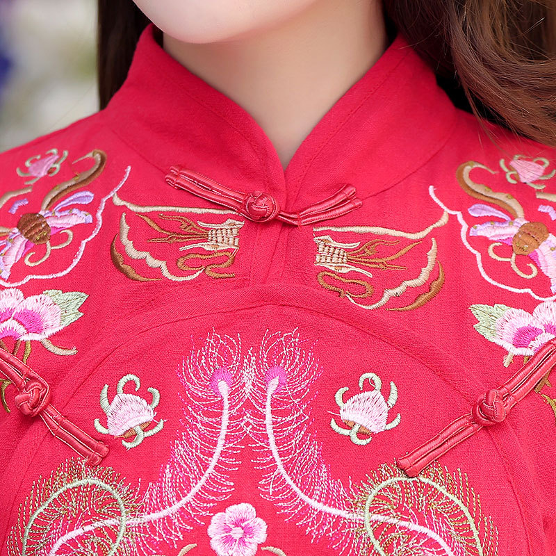 Spring and summer 2020 new cotton linen embroidery long dress cheongsam skirt embroidered Tang dress women's Chinese dress