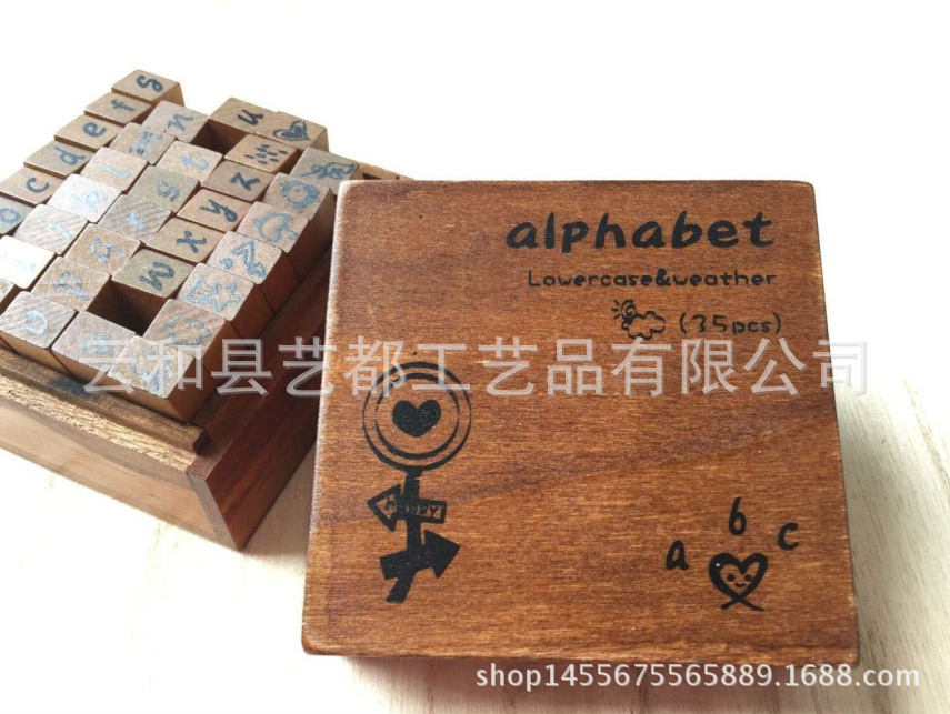 Sello de madera vintage de letras mayúsculas y minúsculas, sello de madera, caja de madera, 35 piezas antiguas
