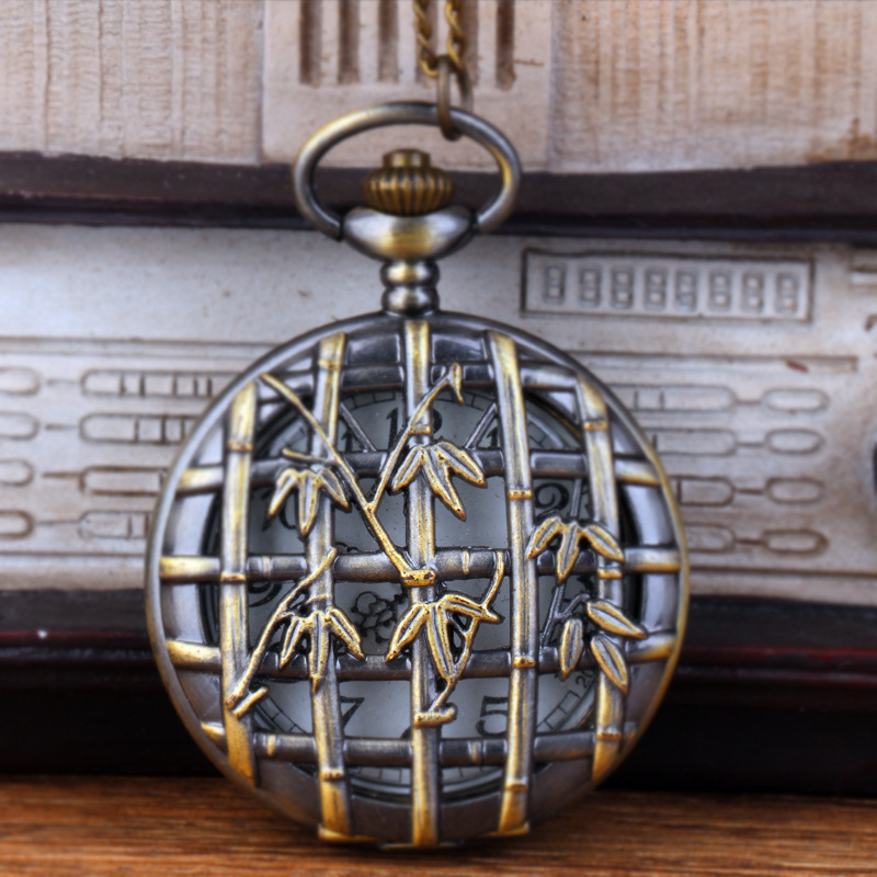 Large bronze thin chain hollow bamboo pocket watch flip black quartz pocket watch a generation of 2002