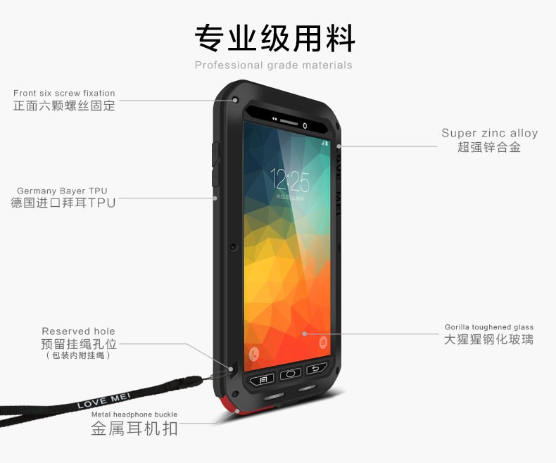 LOVE MEI Powerful Water Resistant Shockproof Aluminum Metal Heavy Duty Case Cover for Samsung Galaxy Note 5