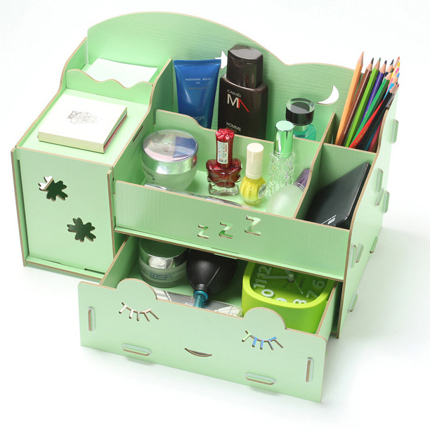 Inventario al por mayor caja de almacenamiento de escritorio de madera sonriente caja de joyas cosméticas de madera