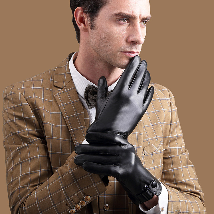 New leather gloves men's winter plus velvet padded warm sheepskin touch screen gloves driving leather gloves wholesale