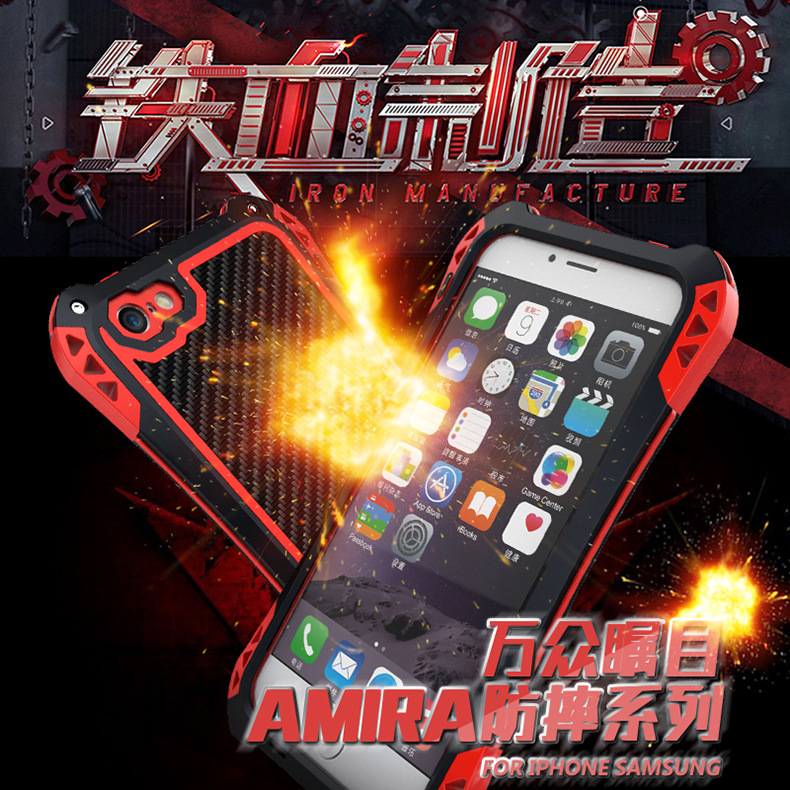 R-JUST Amira Heavy Duty Dirtproof Shockproof Rainproof Aluminum Metal Bumper Carbon Fiber Back Cover Case for Apple iPhone 6S/6 iPhone 6S Plus/6 Plus & iPhone SE/5S/5