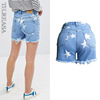 Hole shorts stars print raw hair trend street shot denim shorts