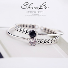 S925纯银手链批发 链条四爪黑玛瑙锆石复古手镯 纯银饰品