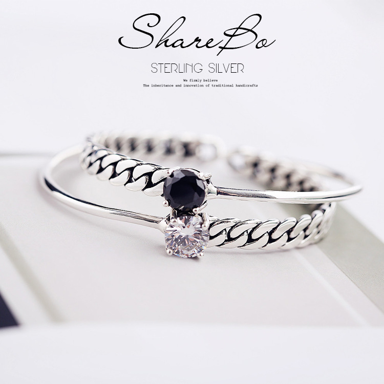 S925纯银手链批发 链条四爪黑玛瑙锆石复古手镯 纯银饰品