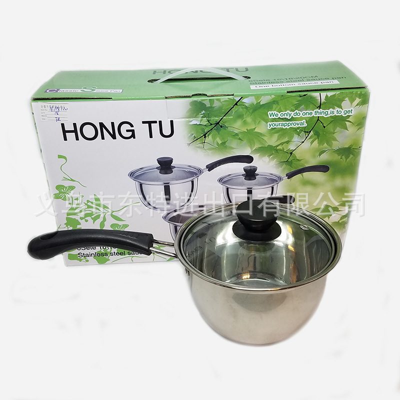 Factory direct sales of stainless steel milk pot three-piece set, Korean-style glass lid gift pot, single-handle multi-functional milk pot detail image 2