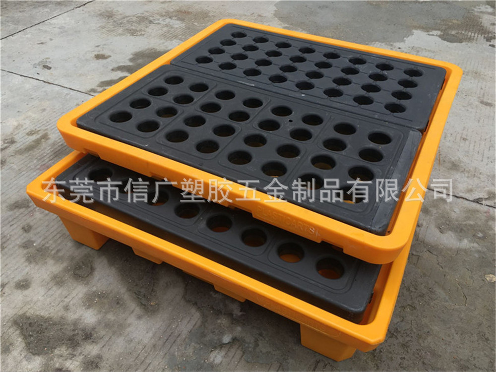 供应广东佛山全新LLDPE料防渗漏卡板 塑料4桶盛漏托盘 黄色叉车栈