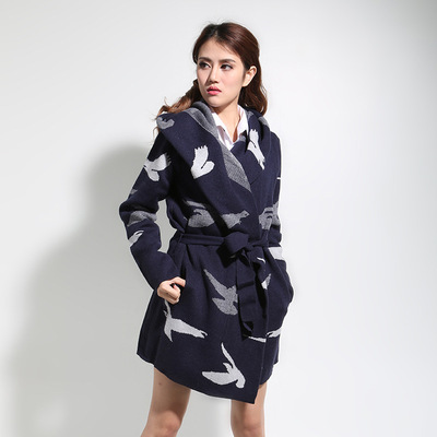 欧美女式毛衣限量版秋冬加厚千鸟格毛呢长款开衫【连帽外套6折】