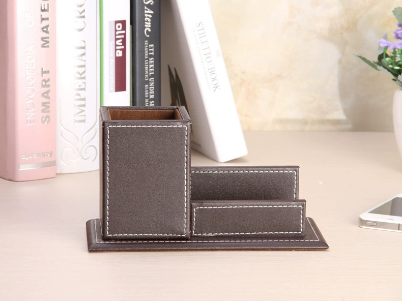 Wooden desk office pen holder with personalized name card holder, multi-purpose creative PU leather pen cup, factory