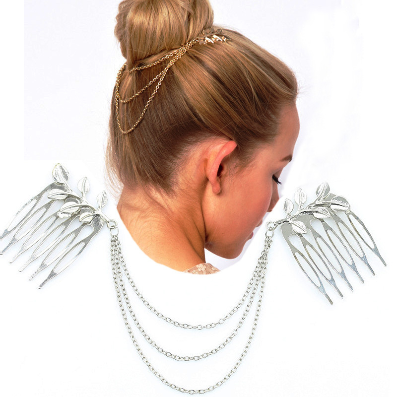 New European and American-style hair accessories: leaf-shaped chain tassel headbands, leaf-shaped hair combs & hairpins&mdash;beautifully crafted hair ornaments available for wholesale.