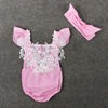 Children's summer fuchsia clothing for early age, lace bodysuit, brand headband, lace dress, flowered, children's clothing