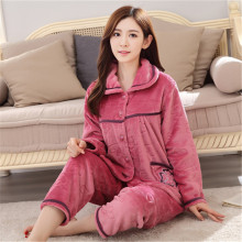 秋冬季长袖水貂绒中年纯色法兰绒开衫睡衣女士大码家居服一件代发