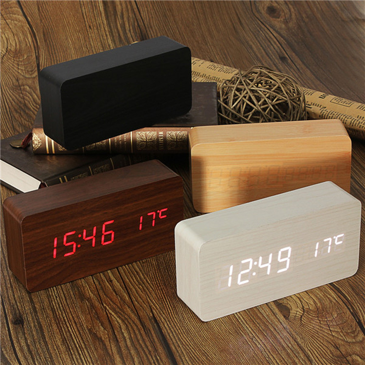 Stylish Wooden LED Alarm Clock w/t Thermometer & Voice Control