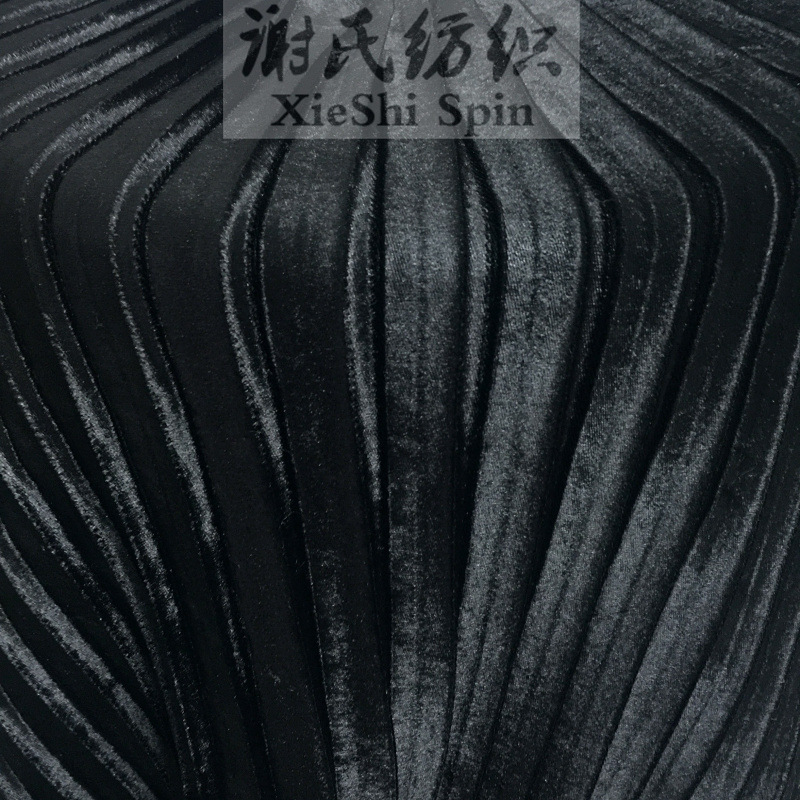 服装纺织布料 电光纯黑色绒毛风琴褶压皱金丝绒 百褶长裙衬衣面料