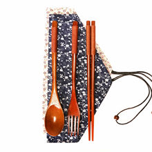 日式布袋原木筷子勺子叉子组合套装 广告促销礼品 木质餐具三件套