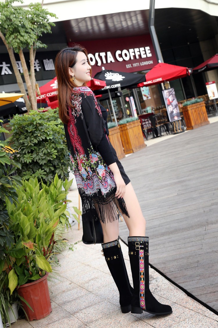 2016秋冬季新款民族風刺繡花邊皮帶扣騎士靴高筒靴子真皮女靴