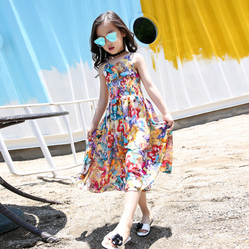 Girls suspender skirt 2024 new summer dress chiffon style small children, middle and large children floral wide leg jumpsuit dress