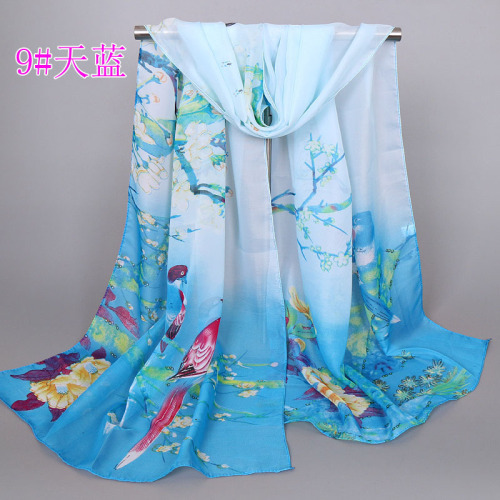 Spring and summer new style silk scarf with magpie heralding spring pattern, women's chiffon long scarf, wholesale from Yiwu small scarves and shawls
