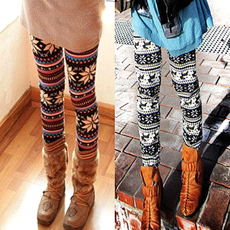 Christmas snowflake fawn knitted leggings cashmere ethnic style colorful elastic warm cropped leggings