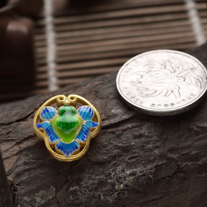 七色酷景泰蓝diy饰品配件 925银镀金 中国风莲花挂件珐琅彩工艺