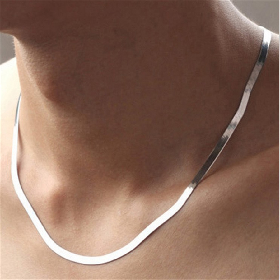 Collier vintage français pour homme et femme, plaqué platine, chaîne plate en os de serpent, bijou argenté, prix direct usine_voghion.com