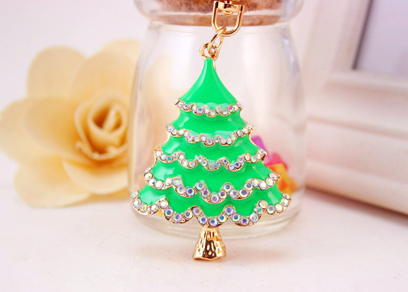 38g Weight Alloy, Metal Material Flower Pattern Unisex Gender Red, Green, Black Color Korean Oil Crafts Diamond-studded Christmas Tree Car Metal Pendant Bag Key Chain 8
