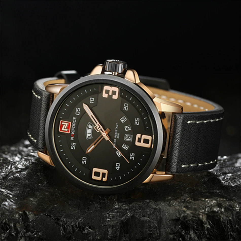 Мужские кварцевые часы Naviforce Band Date с кожаным ремешком