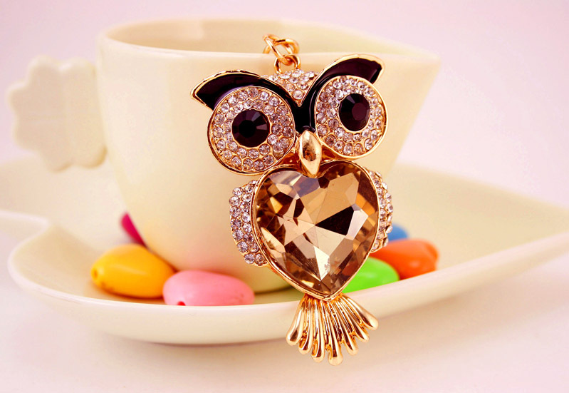 51g Weight Alloy, Metal Material Cartoon Pattern Unisex Gender Coffee, Black Color Korean Creative Cute Diamond Owl Car Keychain 3
