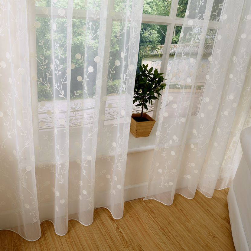 现货纯色绣花窗帘 小清新铜钱树绣花窗帘纱 客厅卧室韩式窗纱