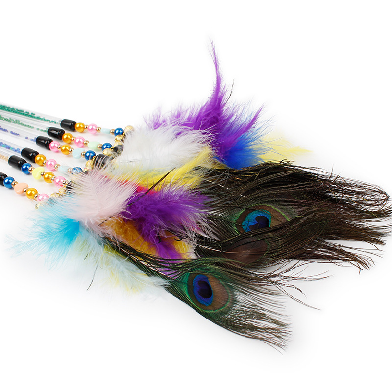 纯手工带珍珠孔雀毛逗猫棒9